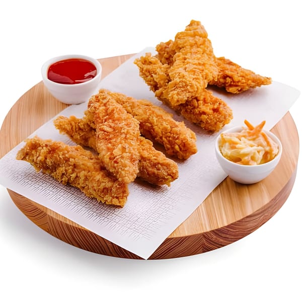 Crispy fried chicken tenders with ketchup and coleslaw on a wooden board at Zee's Kitchen.