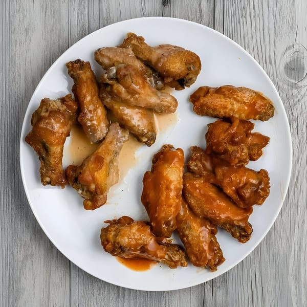 A white plate of Zee's Kitchen chicken wings, half plain and half coated in buffalo sauce.